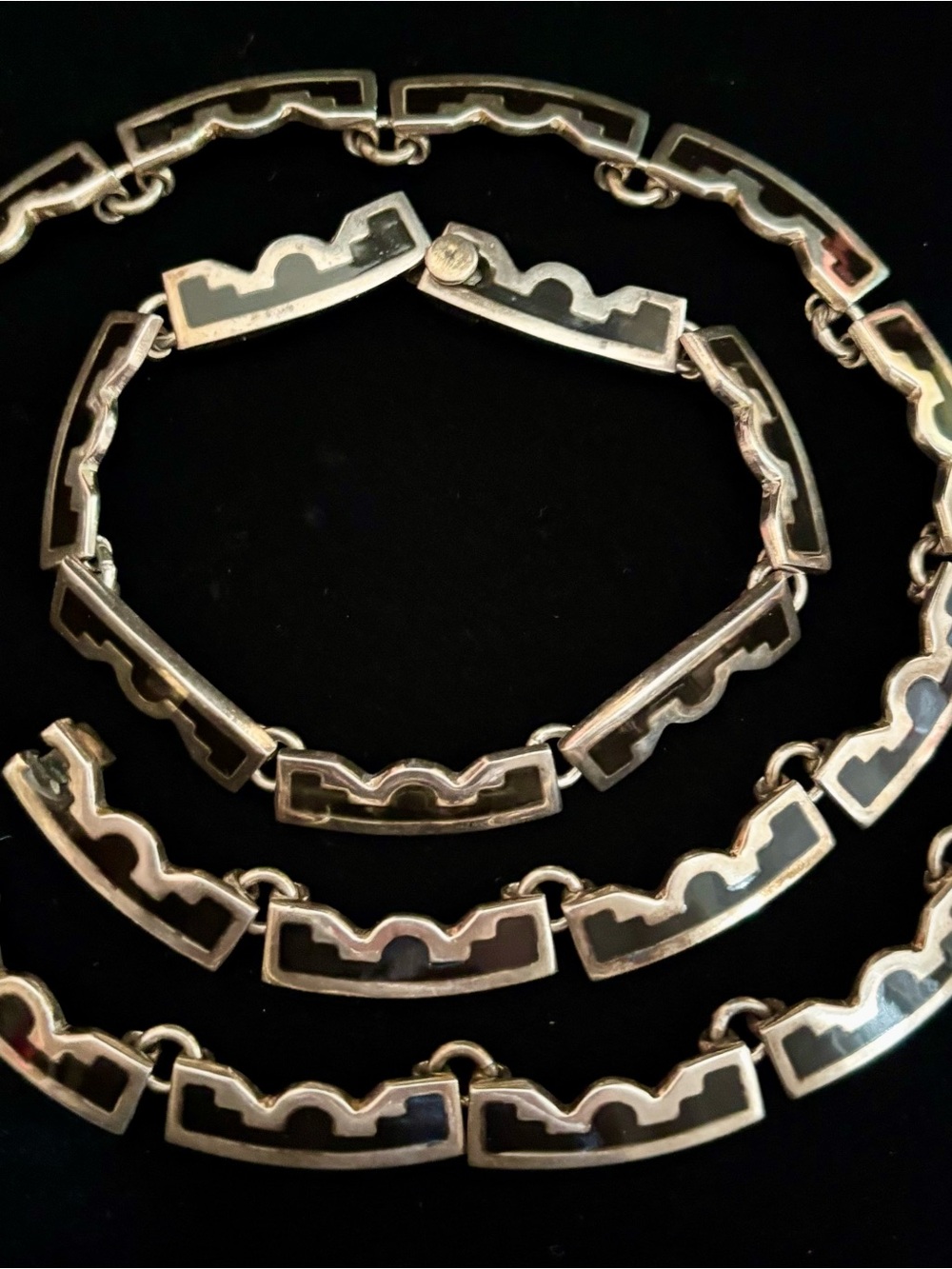 Taxco 925 Sterling Silver Geometric Link Mexican Necklace and Bracelet Set 87 g